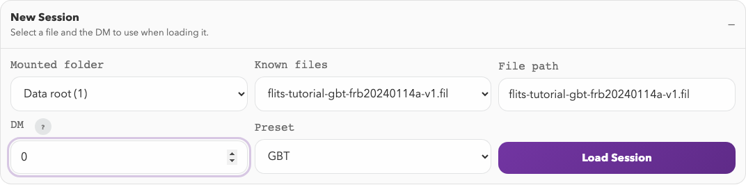 New Session form with the tutorial filterbank selected, DM set to zero, the GBT preset, and the Load Session button.