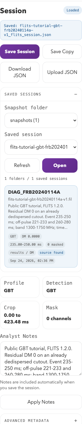 FLITS Session sidebar showing Save Session, Save Copy, Download JSON, Upload JSON, and the Saved Sessions browser.