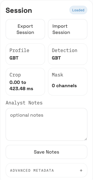 Session panel with save, JSON, and saved-session controls.
